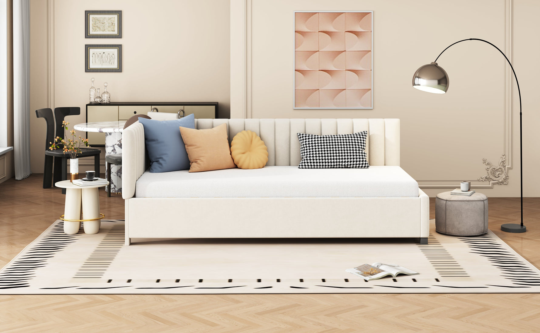 Upholstered Bed Sofa Bed, 90x200 Multifunctional with Slatted Frame, Beige Velvet Fabric