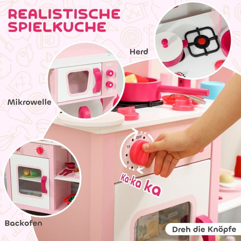 Children's Play Kitchen with Wooden Accessories and Sound Effects, Pink