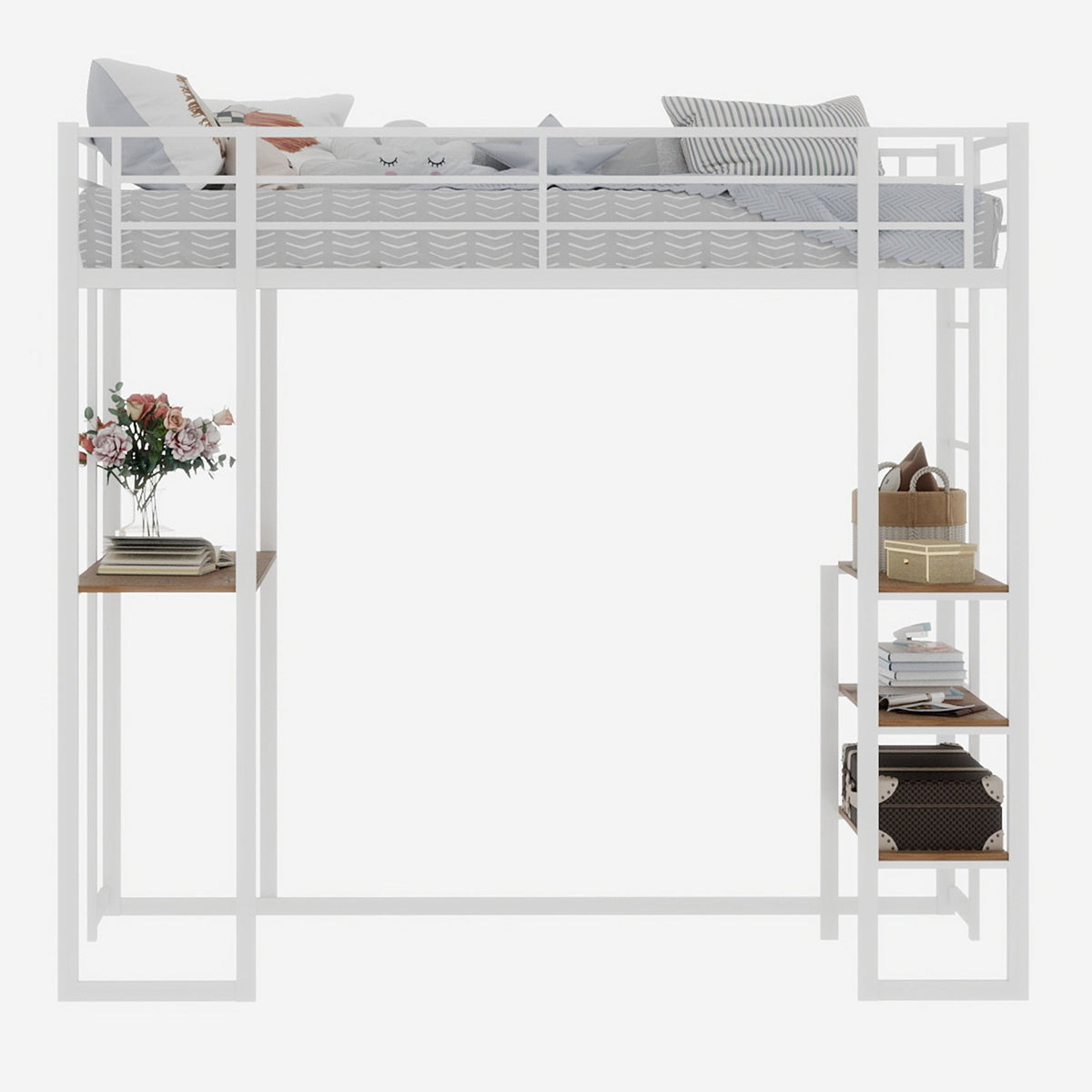 Iron Frame Bed, L-Shaped Desk, Railing, Stairs, Metal