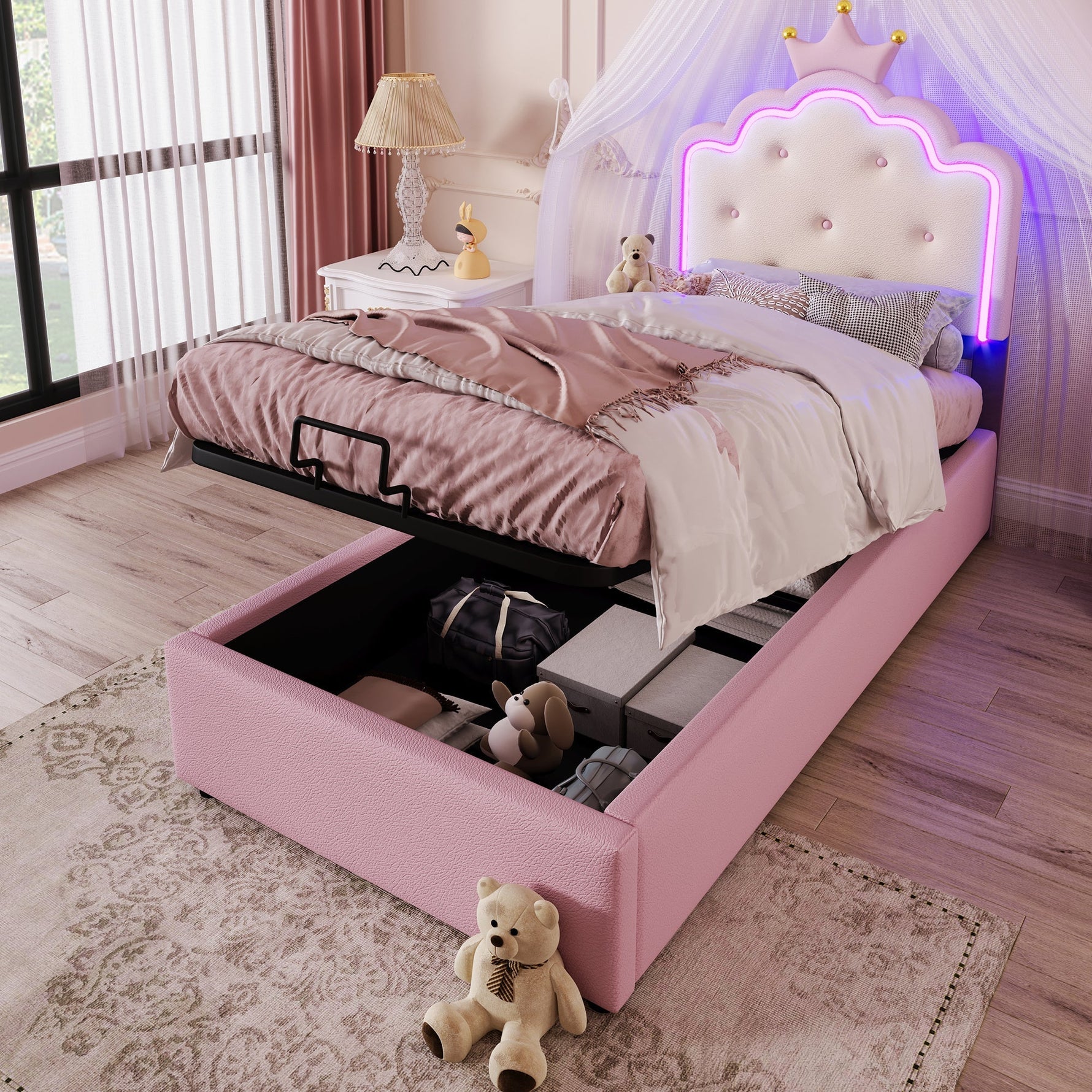Upholstered Bed 90x200cm Princess Hydraulic Storage Ambient LED Lighting Pink PU