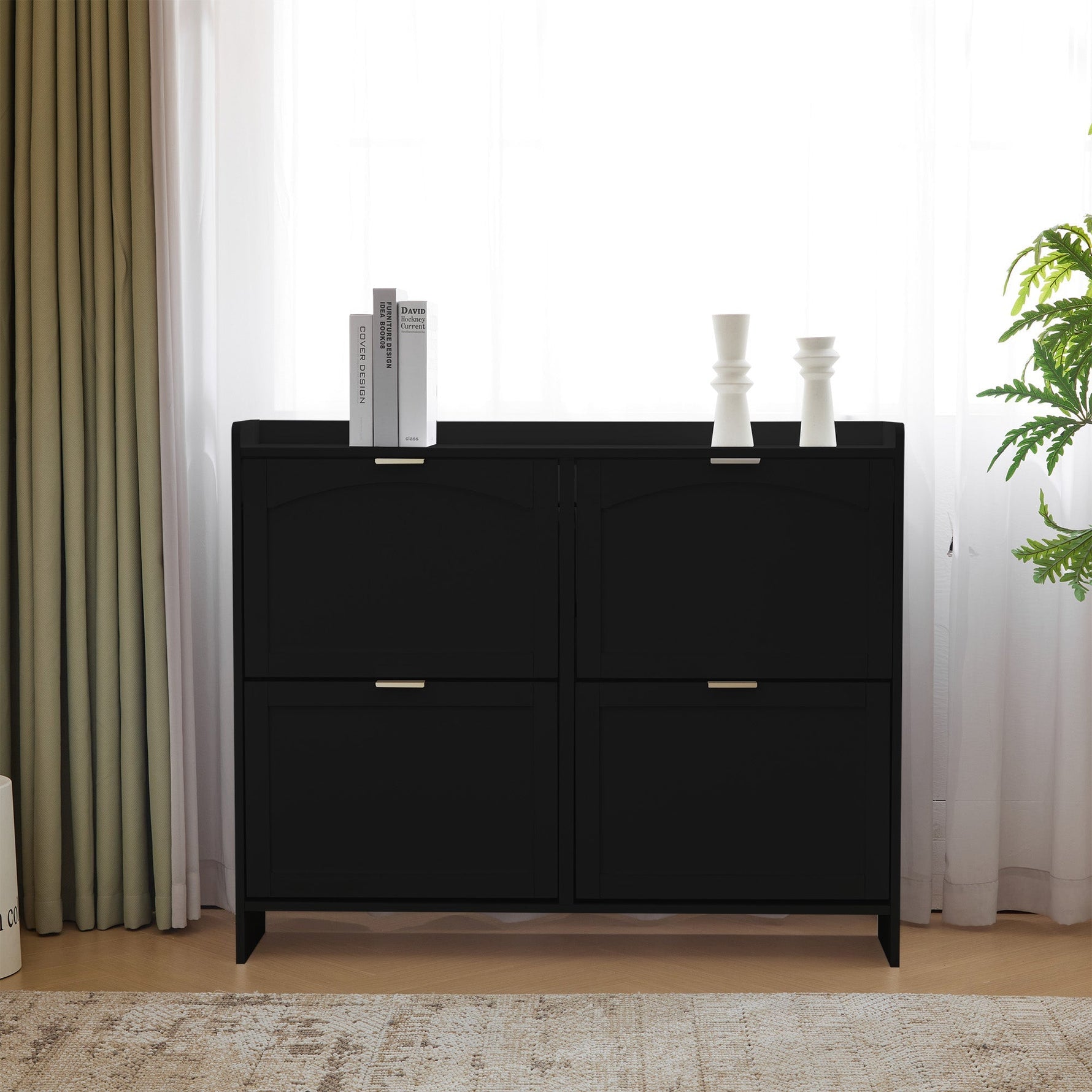 Shoe Cabinet 4 Drop-Down Compartments Open Shelves Entryway, Black