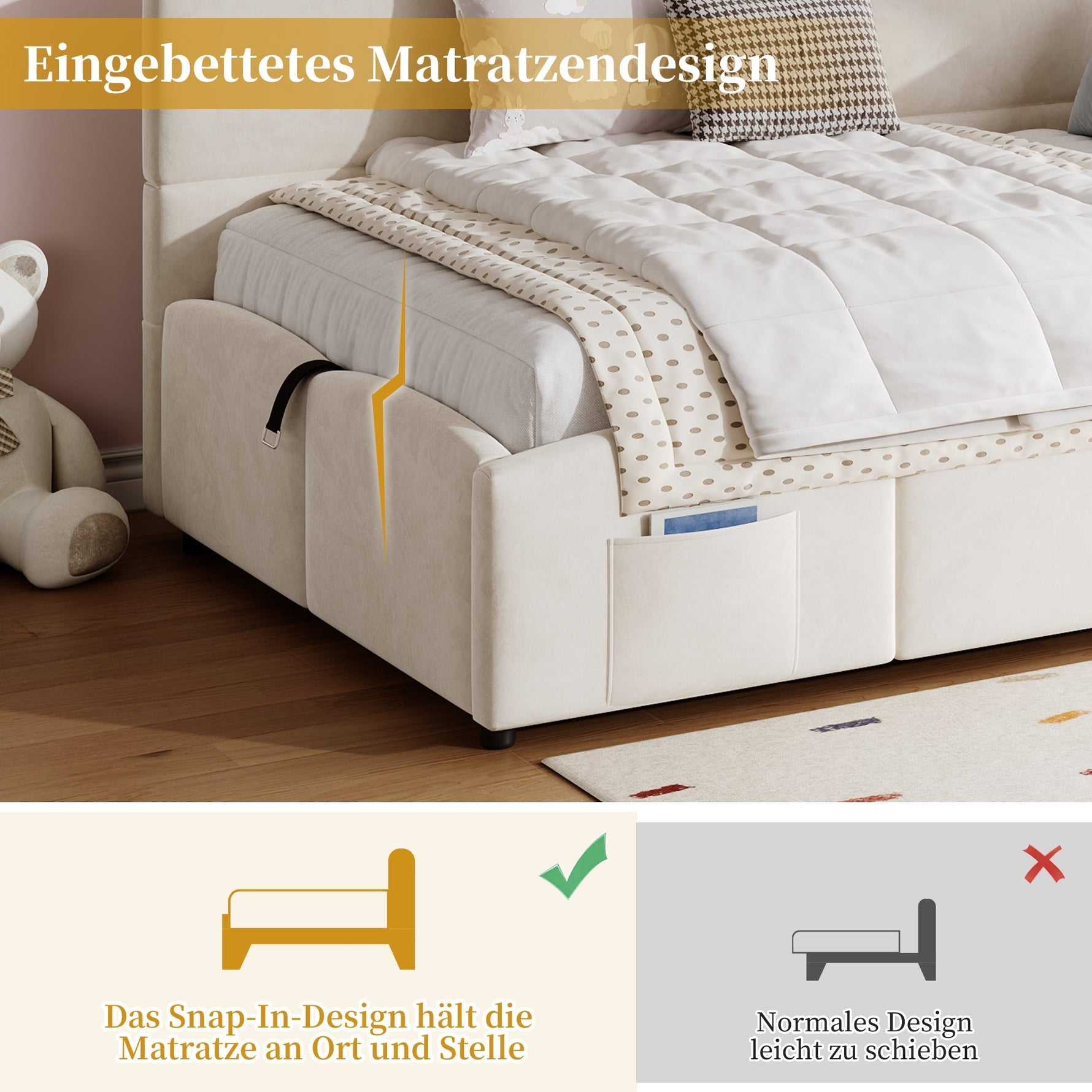 Upholstered Sofa Bed with USB Charger and Storage Bag, 90x200cm, Beige Velvet