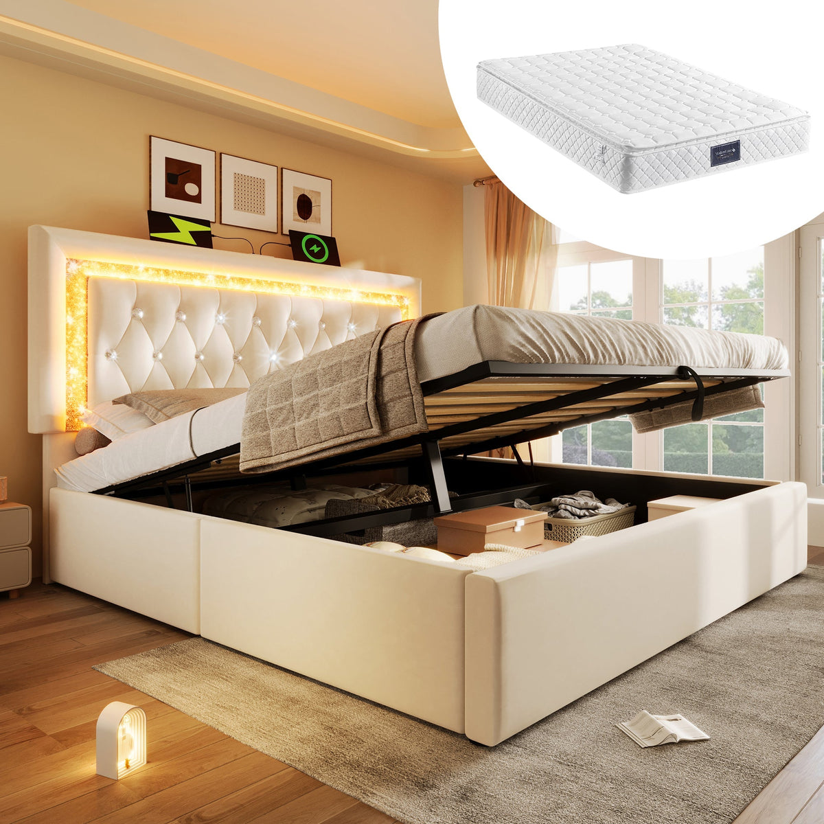 Upholstered Double Bed 140x200 cm Hydraulic Storage, LED Headboard with USB/Type-C - Beige Velvet
