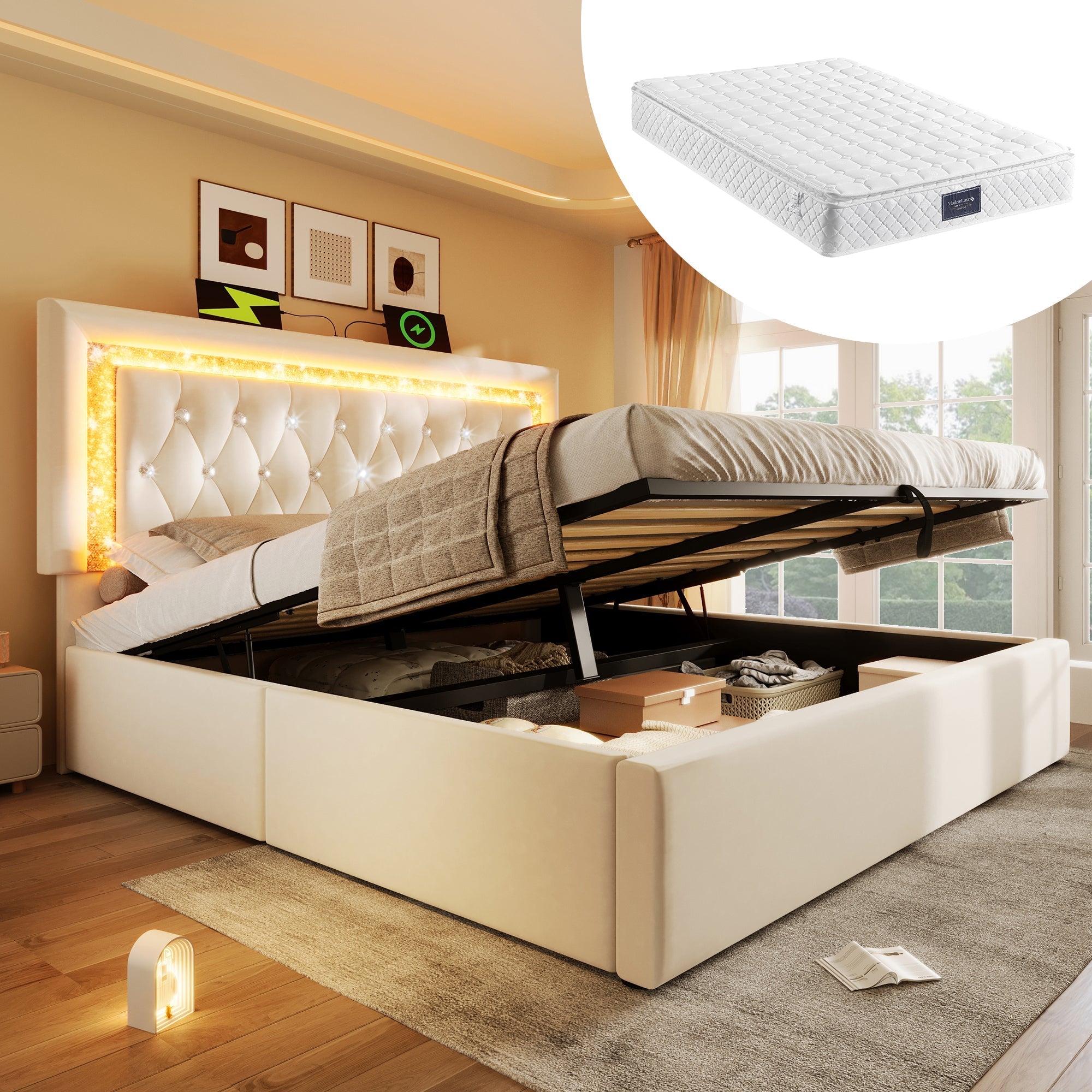 Upholstered Double Bed 160x200cm LED USB/Type-C Hydraulic Storage - Beige Velvet