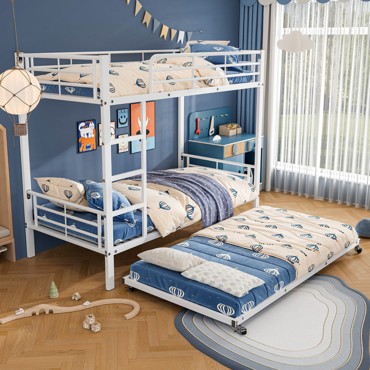 Iron Bunk Bed, Pull-out Bed, Side Rails, 90x200cm & 90x190cm, White