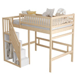 Solid Wood Bed, 140x200 with Storage Stairs & High Railing, Wood Color