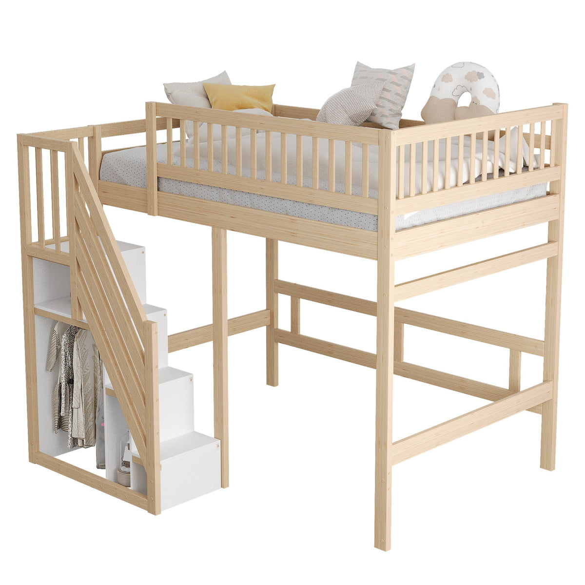 Solid Wood Bed, 140x200 with Storage Stairs & High Railing, Wood Color