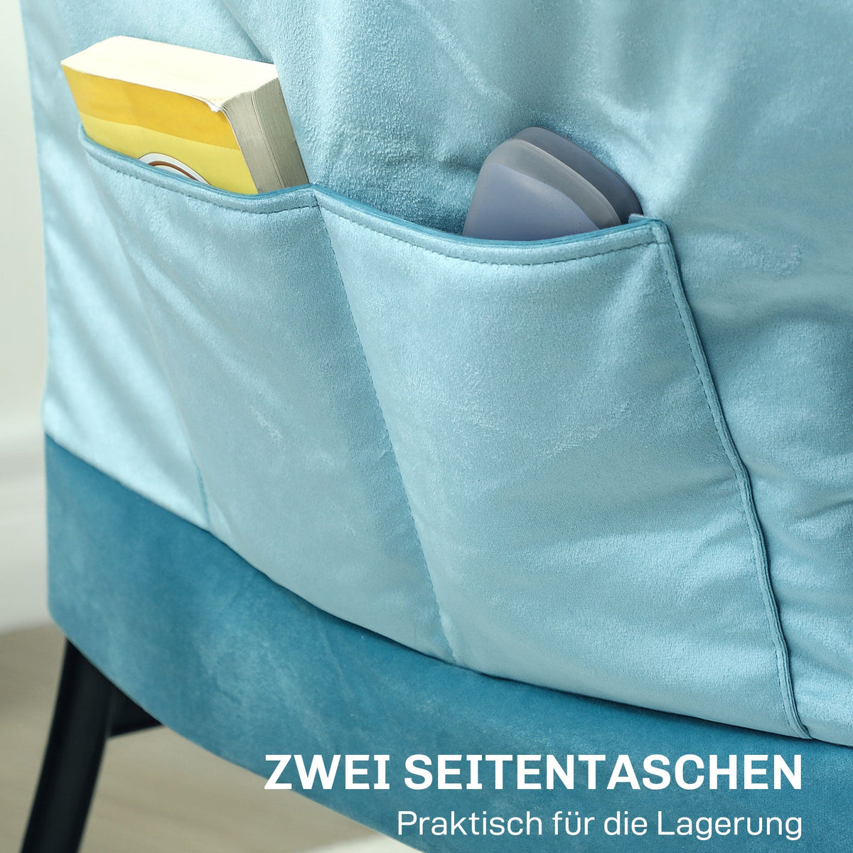 Armchair Lounge Chair, Side Pocket, Steel Legs, Blue