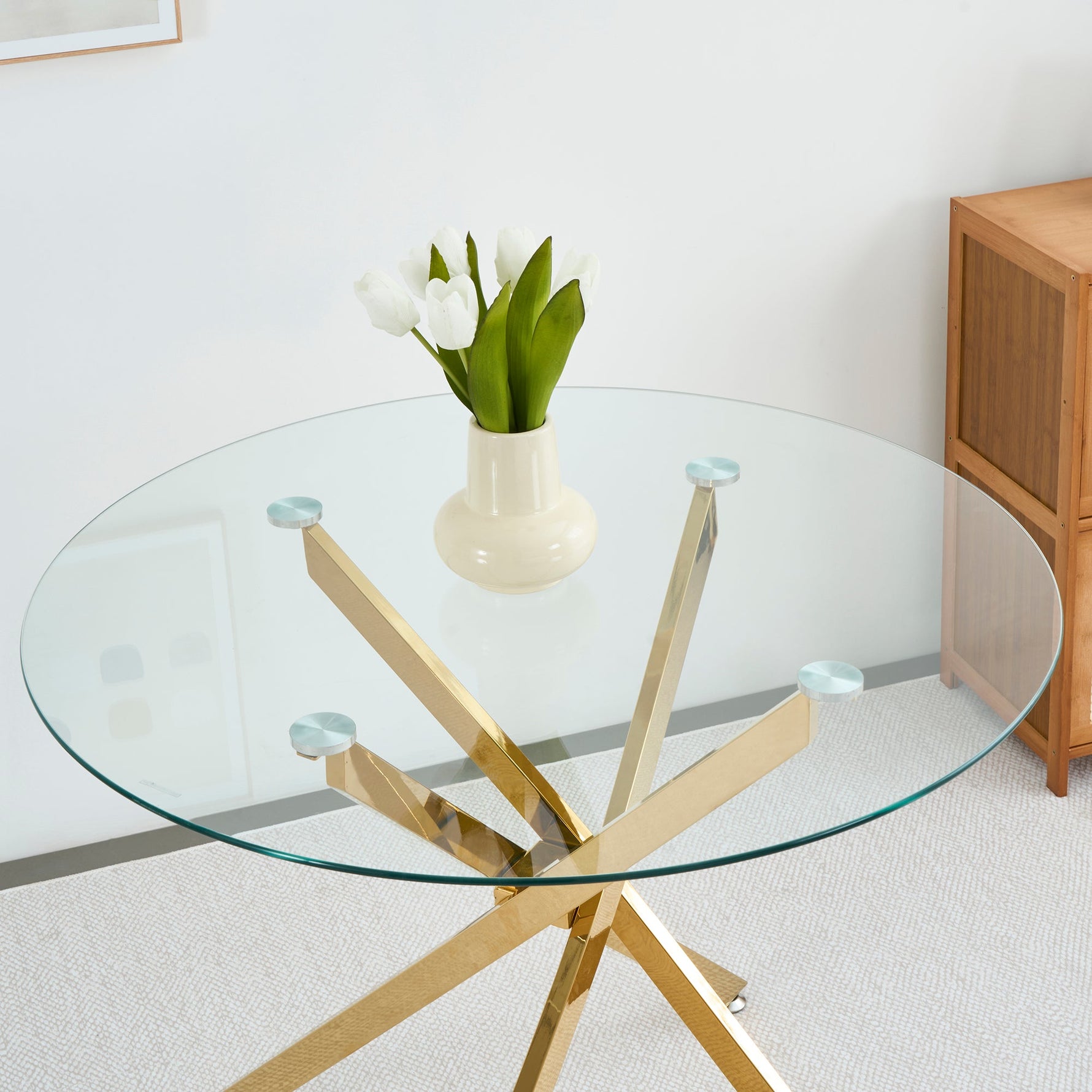 Dining Table Round Tempered Glass Top Gold Legs 80x80x76cm
