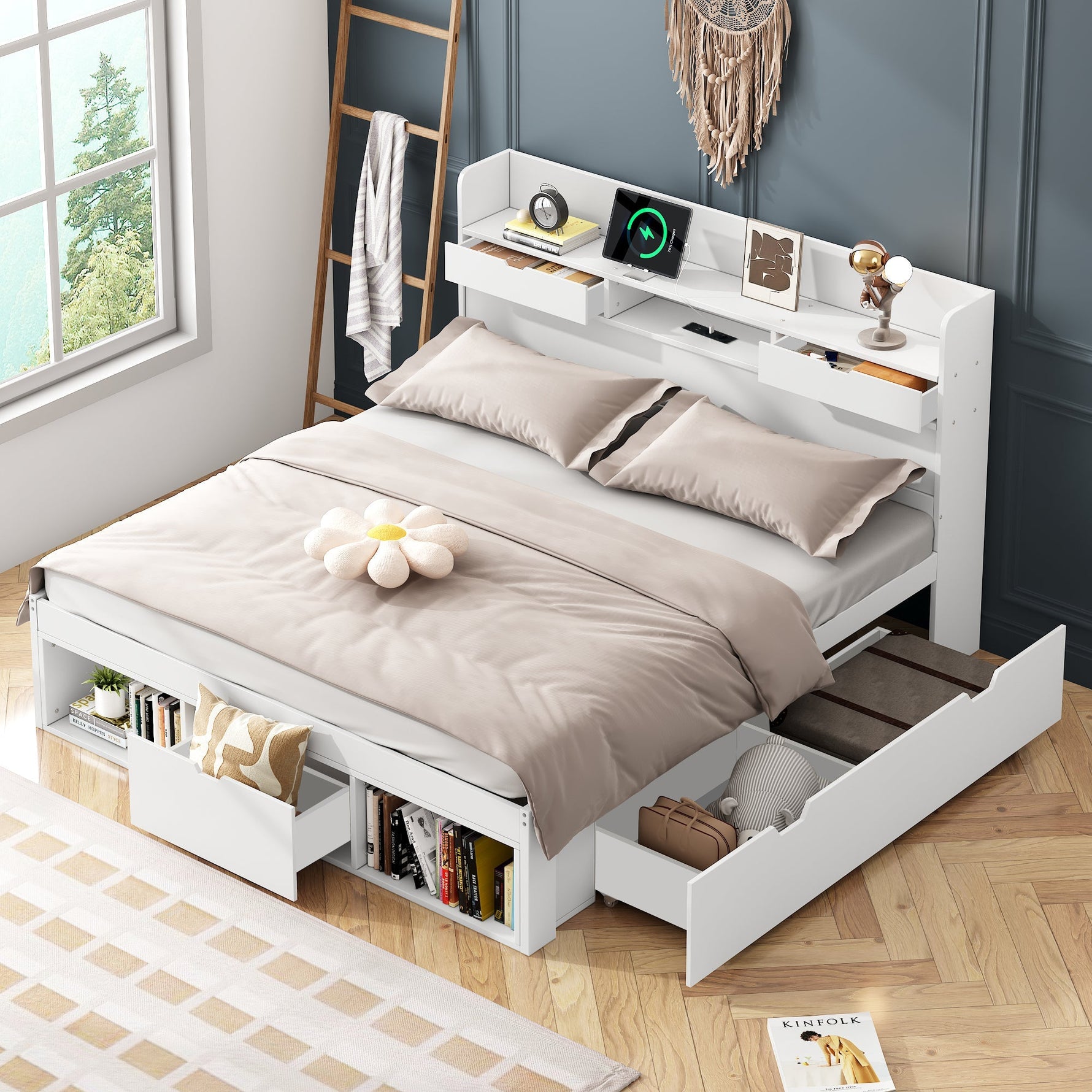 Multifunctional Double Bed with USB Port, Drawers and Storage Cabinet, 160x200cm, White