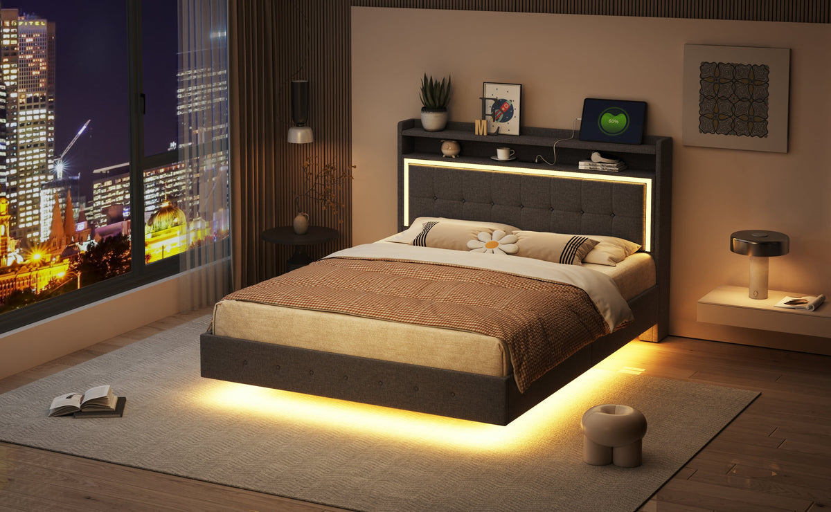 Upholstered Bed 140x200, USB & LED Light, Linen Fabric Gray
