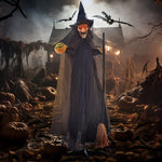 Halloween Witch Decoration, Broom, Glowing Eyes, Spooky Sounds, Flexible Arms