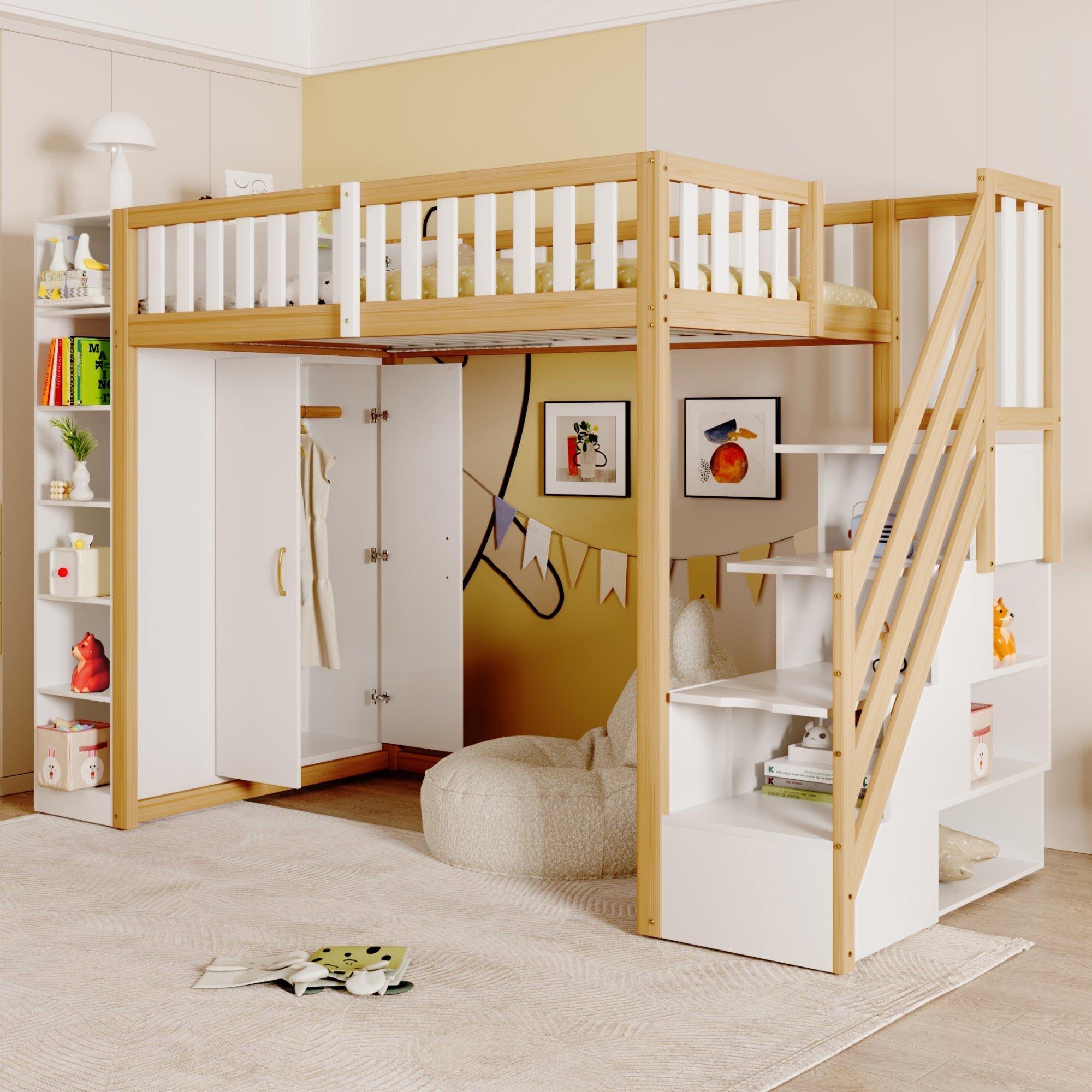 Loft Bed 90x200cm Storage Wardrobe Ladder - White + Raw Wood Finish