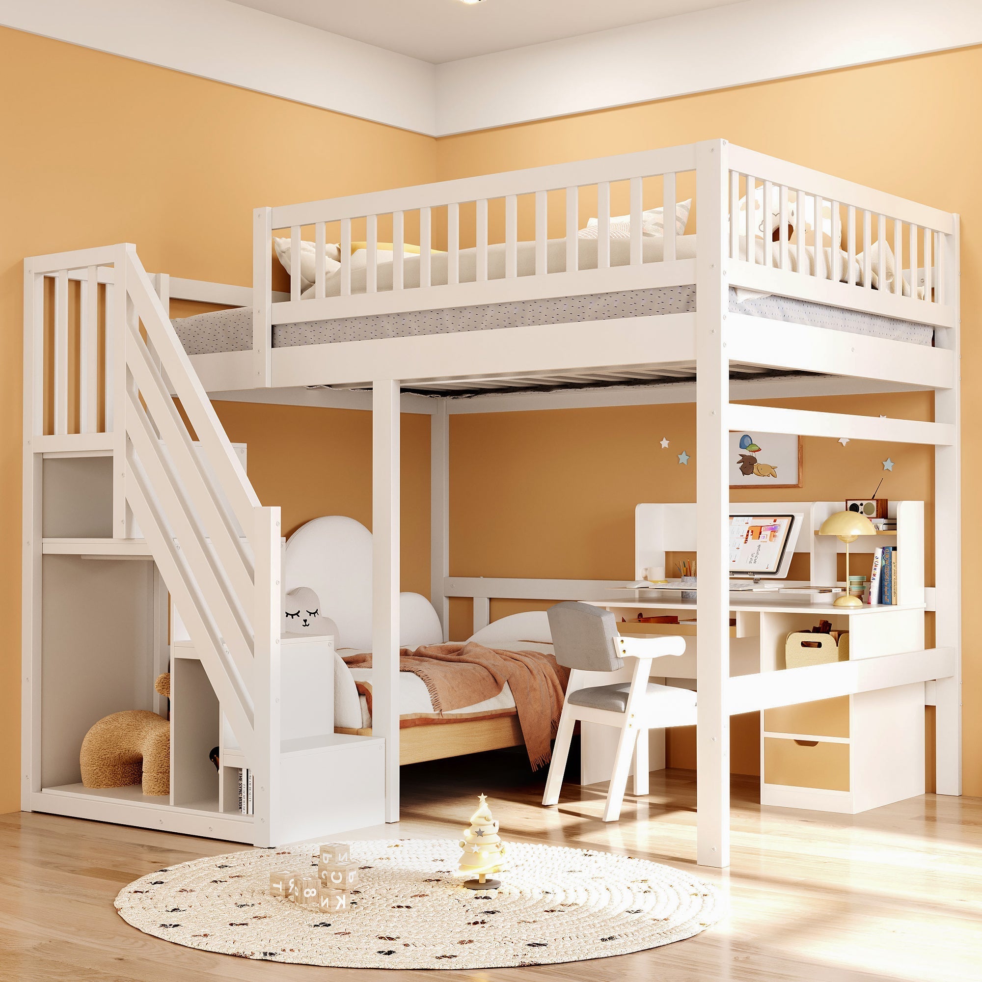 Solid Wood Bed, 140x200 with Stairs & Storage, High Railing, White