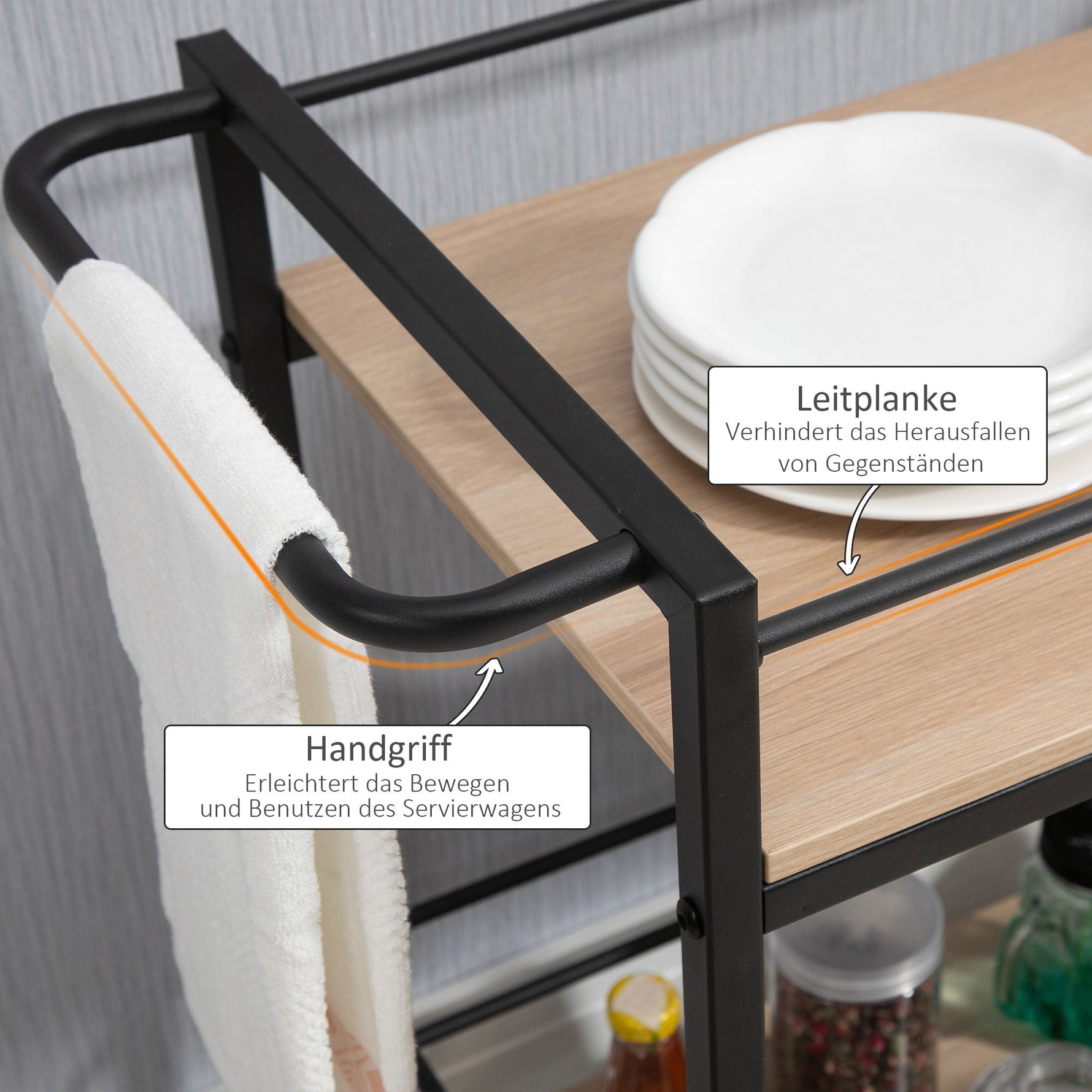 Serving Trolley, 2 Levels with Handle, Casters, Brakes, Wood