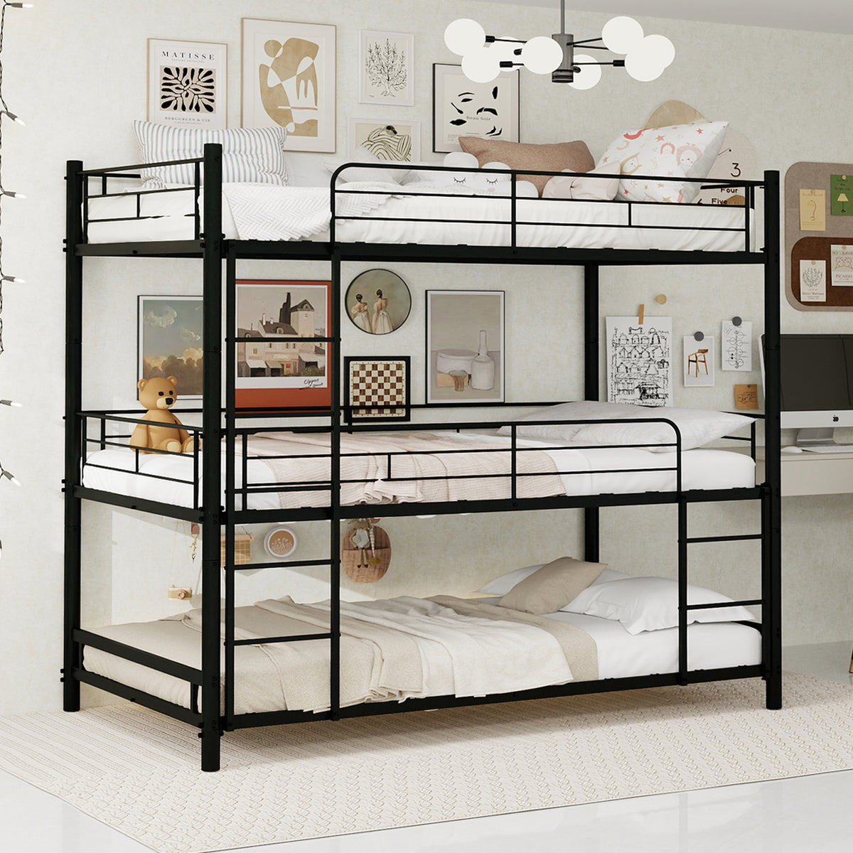Three-Tier Bed Frame 90x190cm with Ladder & Guardrails