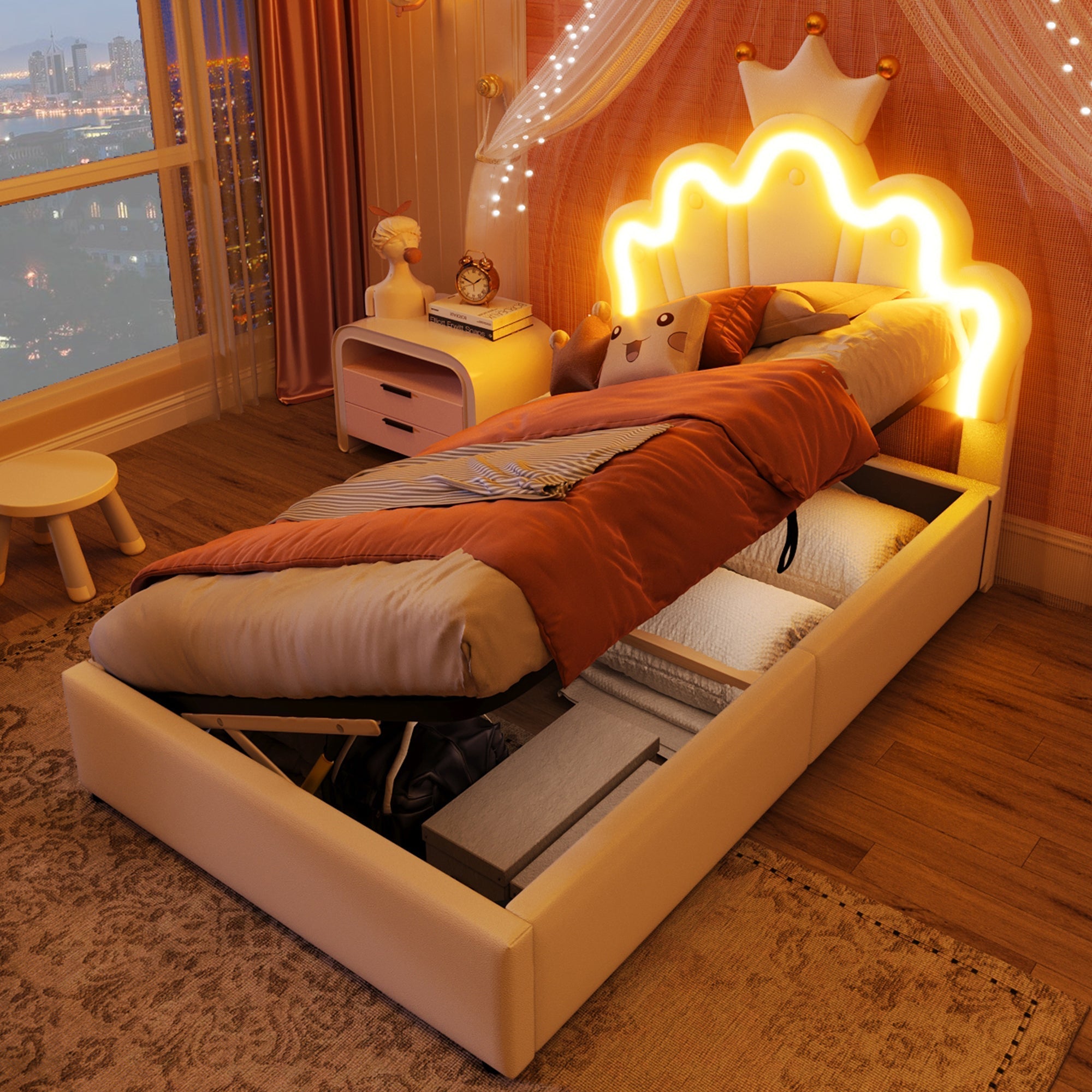 Upholstered Bed 90x200cm Hydraulic Storage LED Crown Adjustable Headboard - PU White