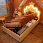 Upholstered Bed 90x200cm Hydraulic Storage LED Crown Adjustable Headboard - PU White