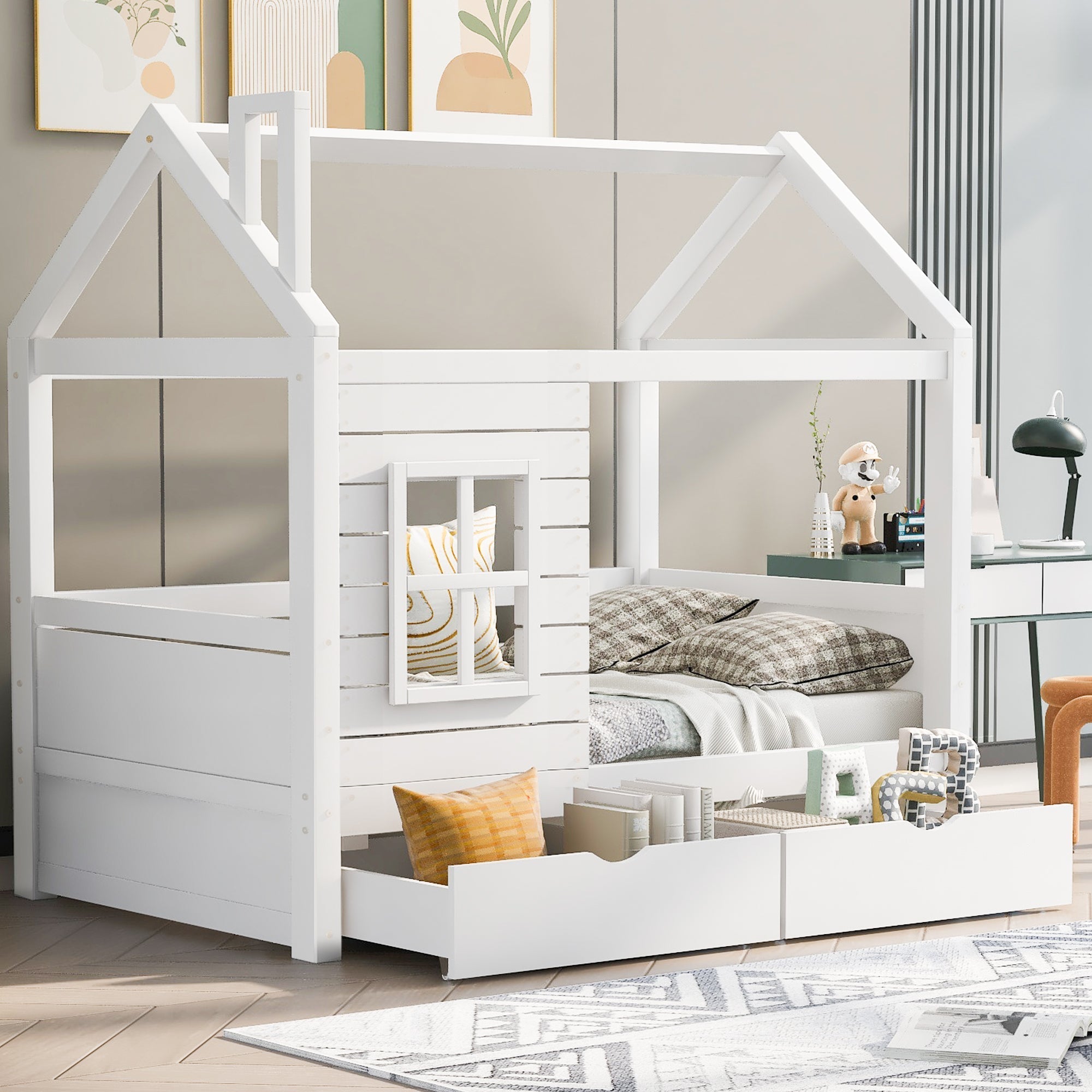 House Bed with Fall Protection, Window and Slatted Base, 80x160cm, White Solid Wood