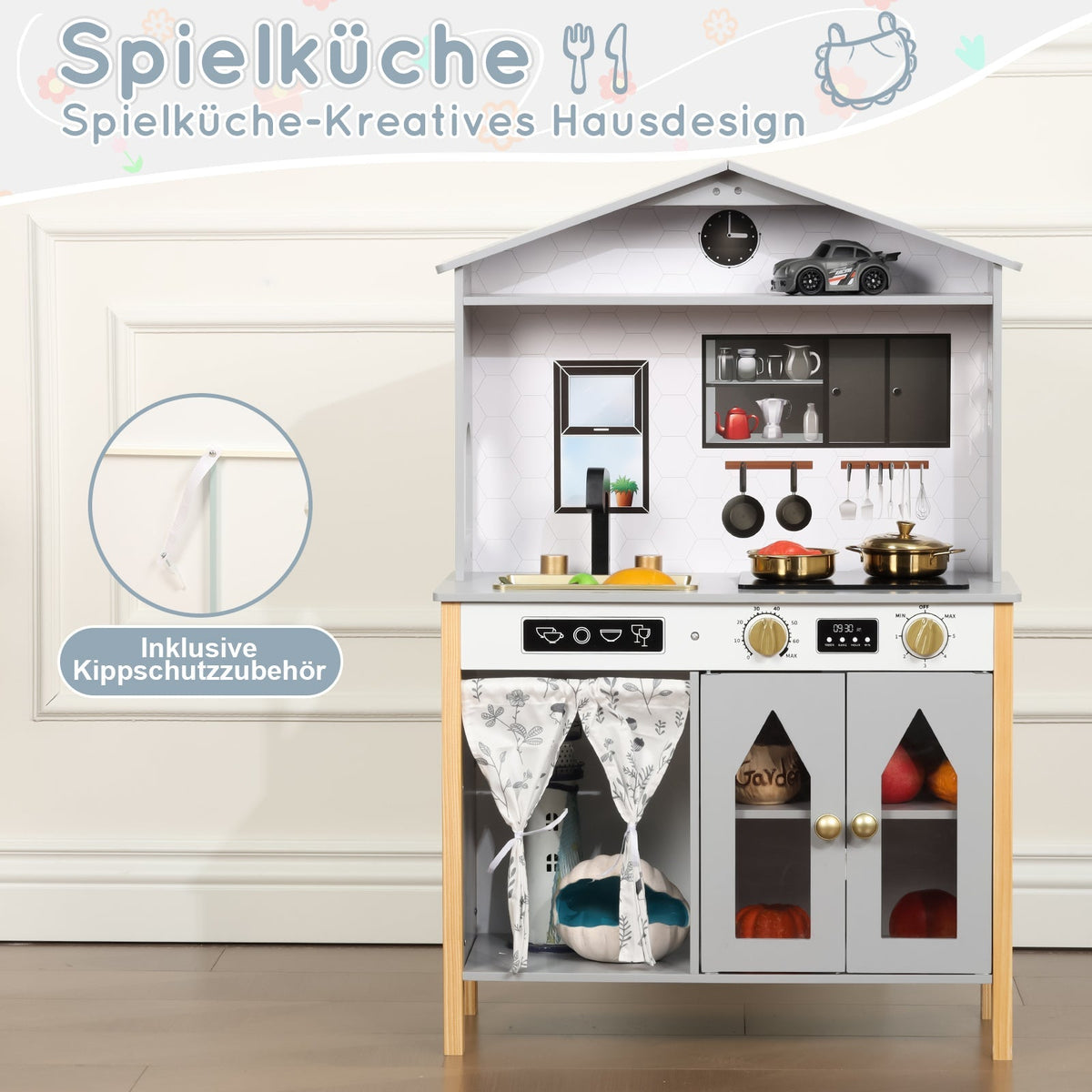 Children's Play Kitchen with Creative House Design and Accessories, Wood and Plastic, Grey