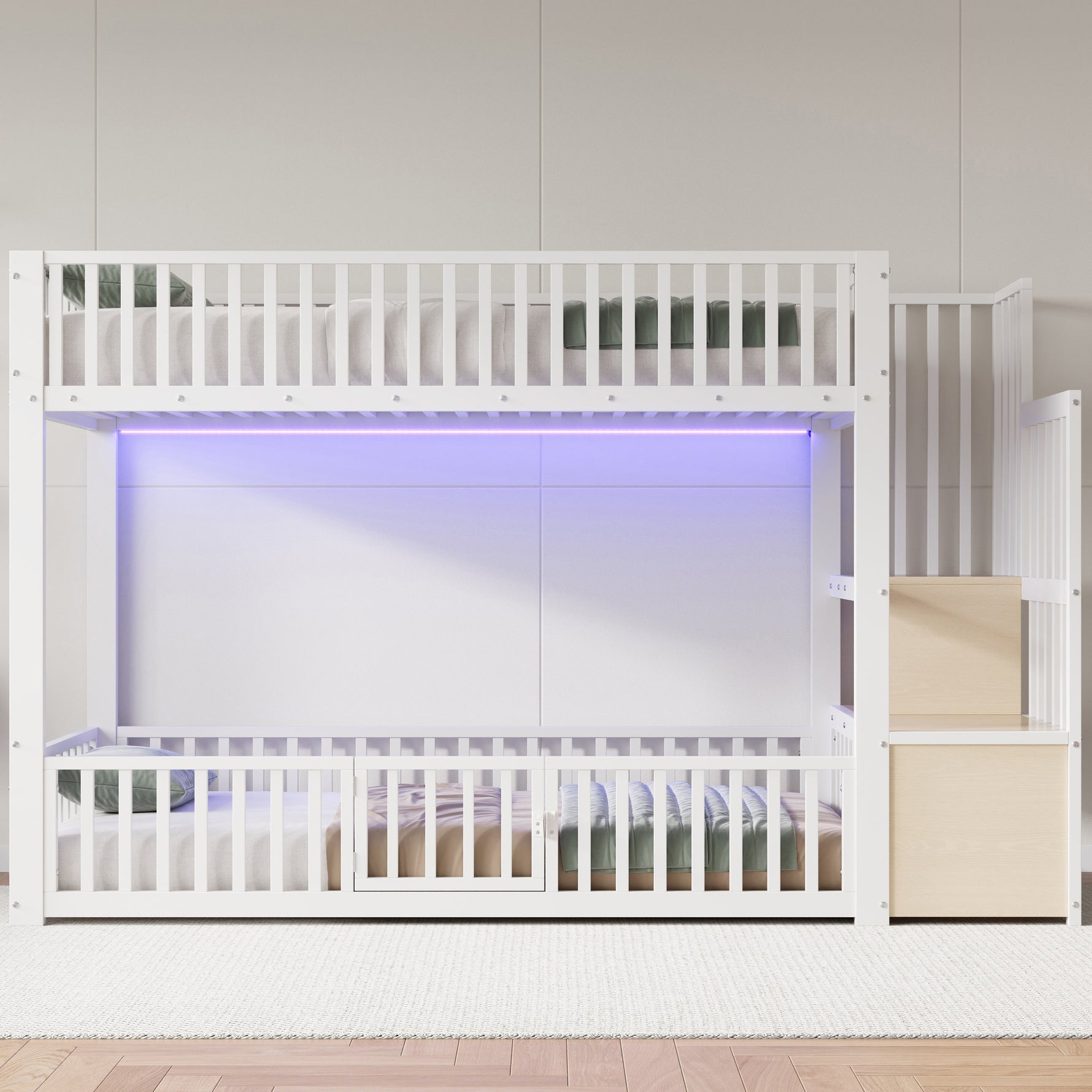Bunk Bed with Storage Ladder and LED, 90x200cm, White
