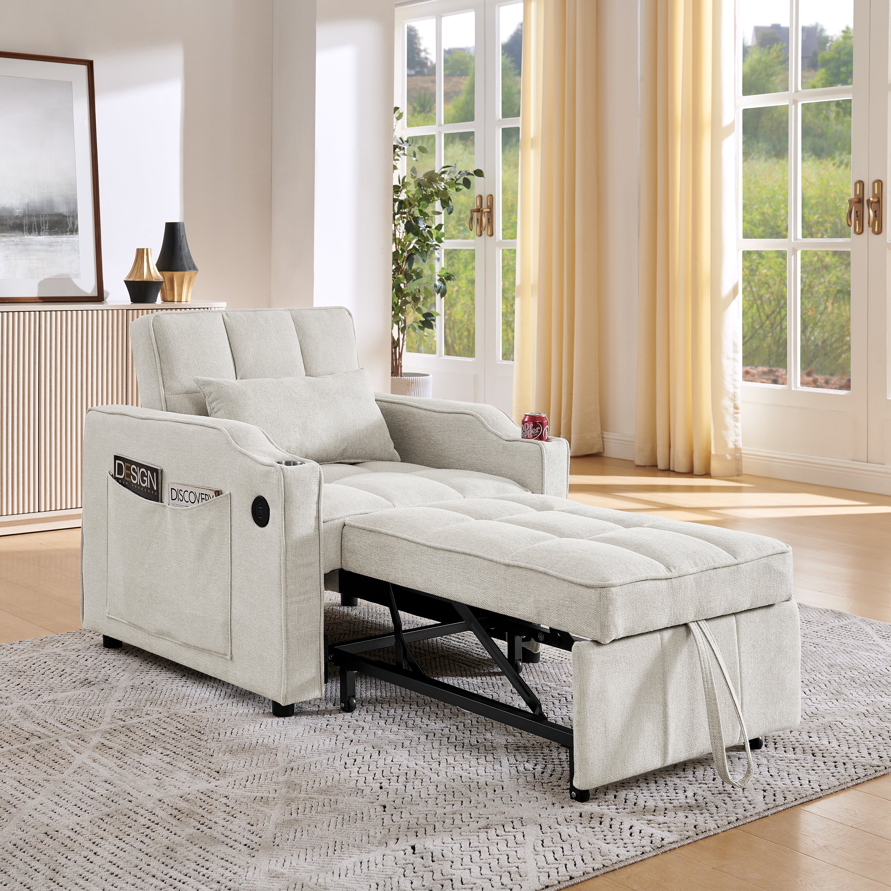3-in-1 Sofa Bed Slide-to-Transform USB Charging - Beige