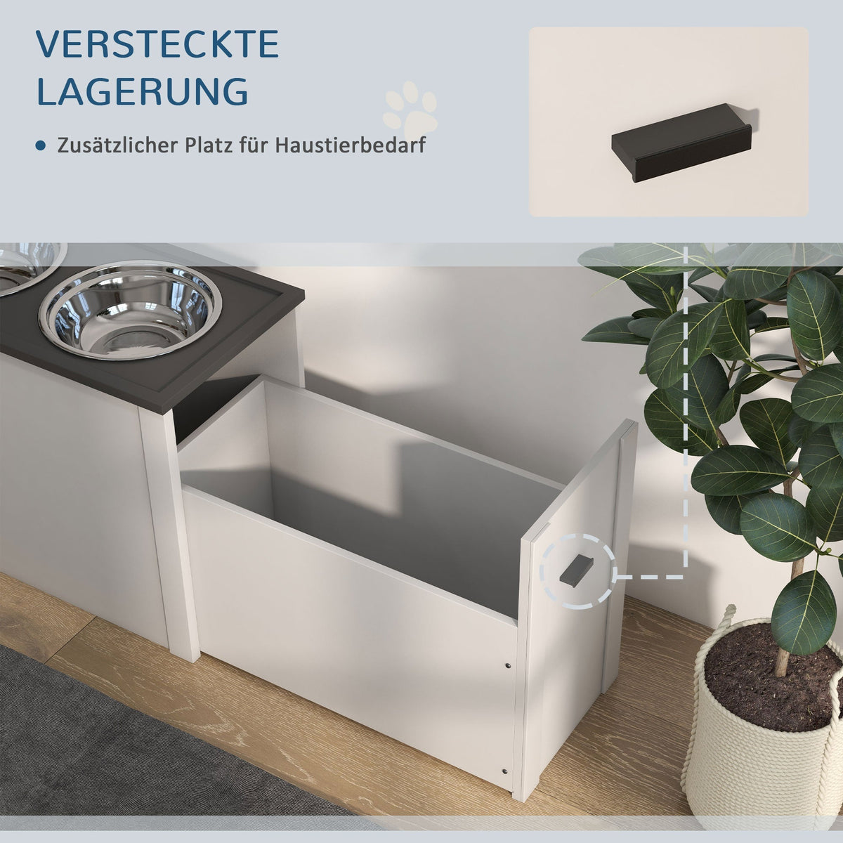 Dog Bowl, Feeding Station with Storage, 2L Stainless Steel Bowls, White