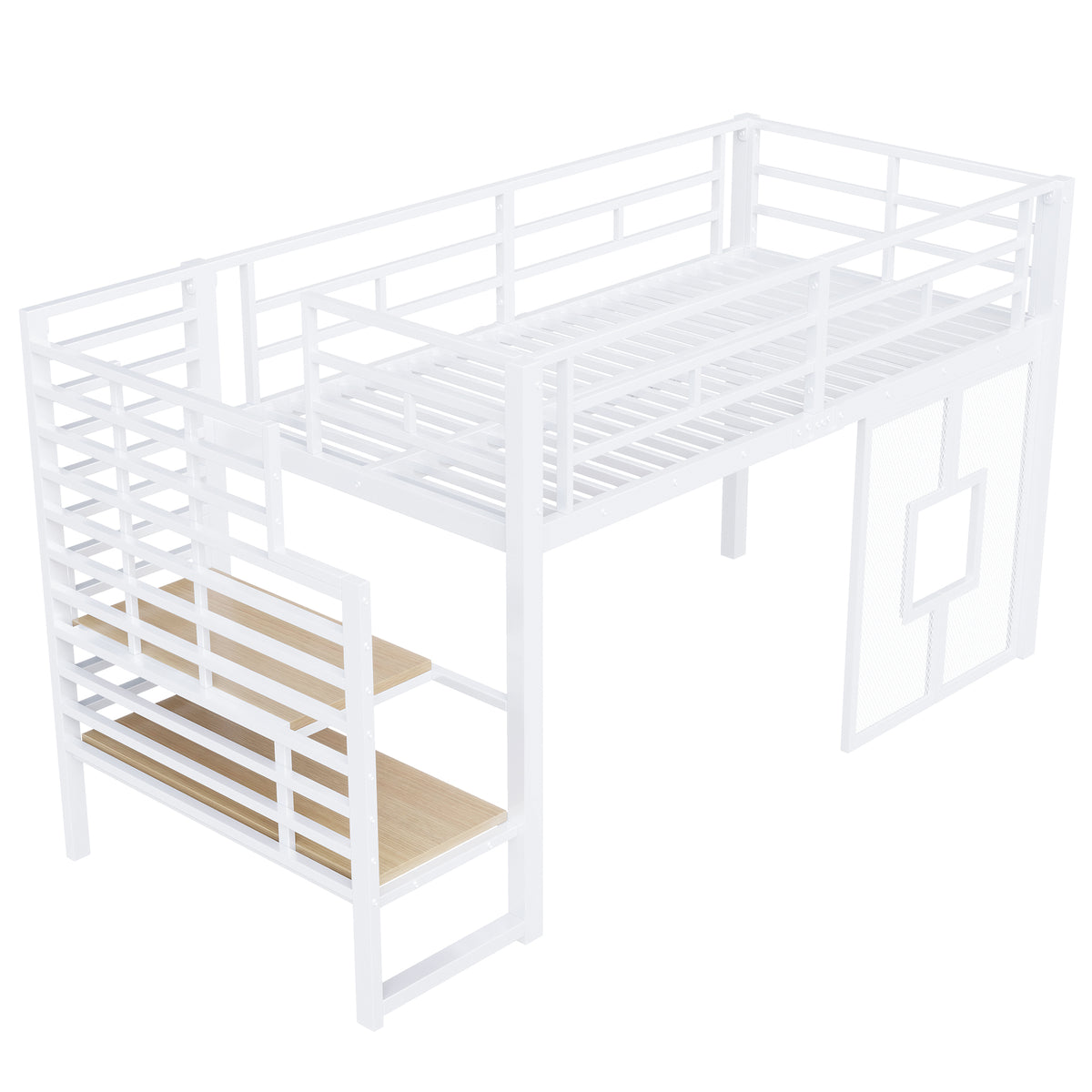 Loft Bed 90x200cm with Stairs, Storage & LED Light, White Metal