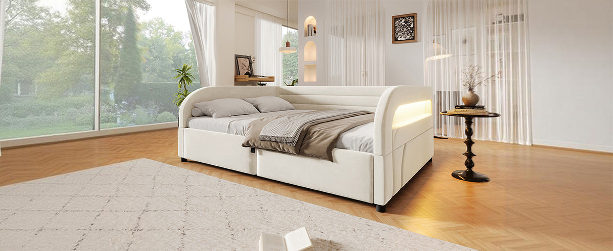 Upholstered Platform Bed 140x200, Hydraulic Storage & LED, Beige