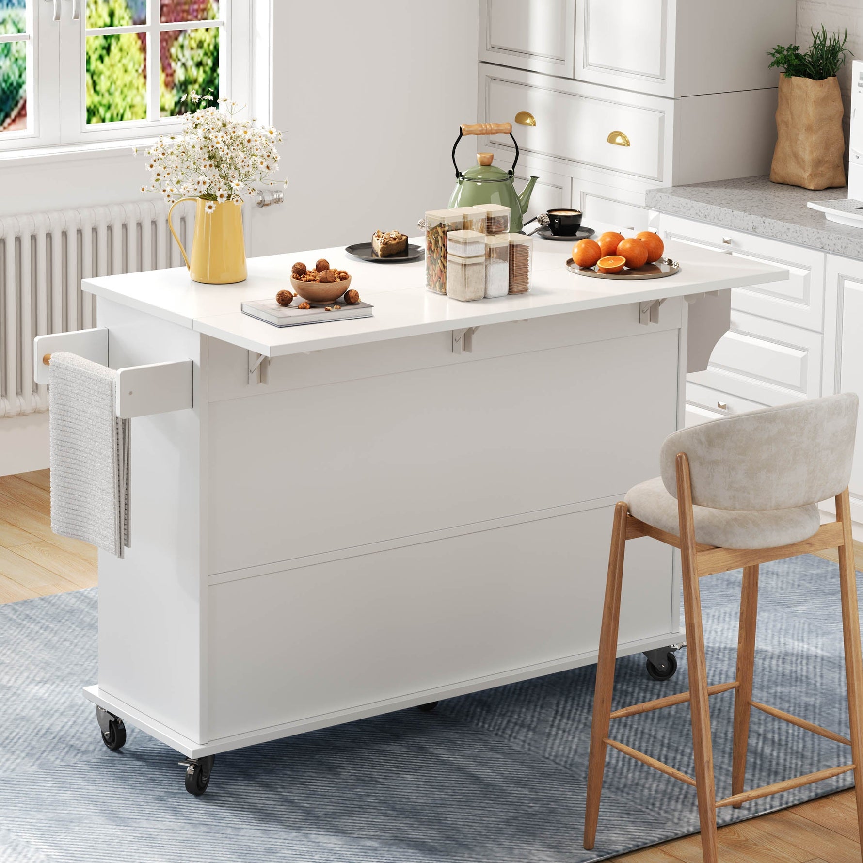 Mobile Kitchen Island Folding Worktop, Cabinet Storage, Spice Racks & Towel Rails - White