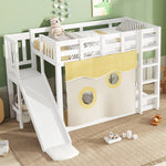 Bunk Bed 90x200cm with Stairs Slide and Curtain - White MDF/Pine