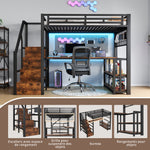 Loft Bed 140x200cm with Desk & Storage Staircase, Black Metal