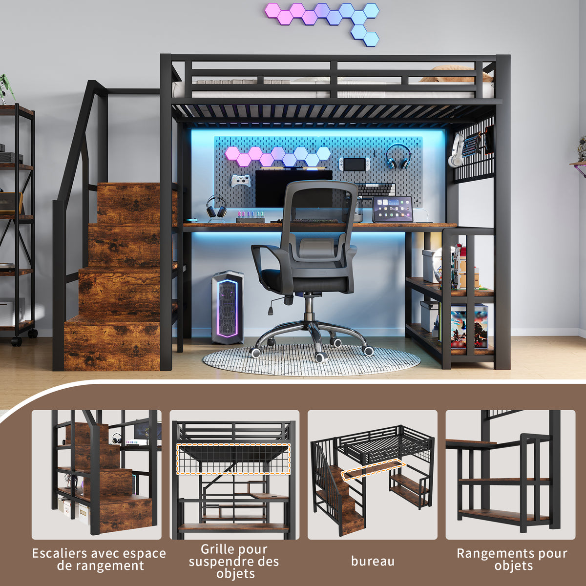 Loft Bed 140x200cm with Desk & Storage Staircase, Black Metal