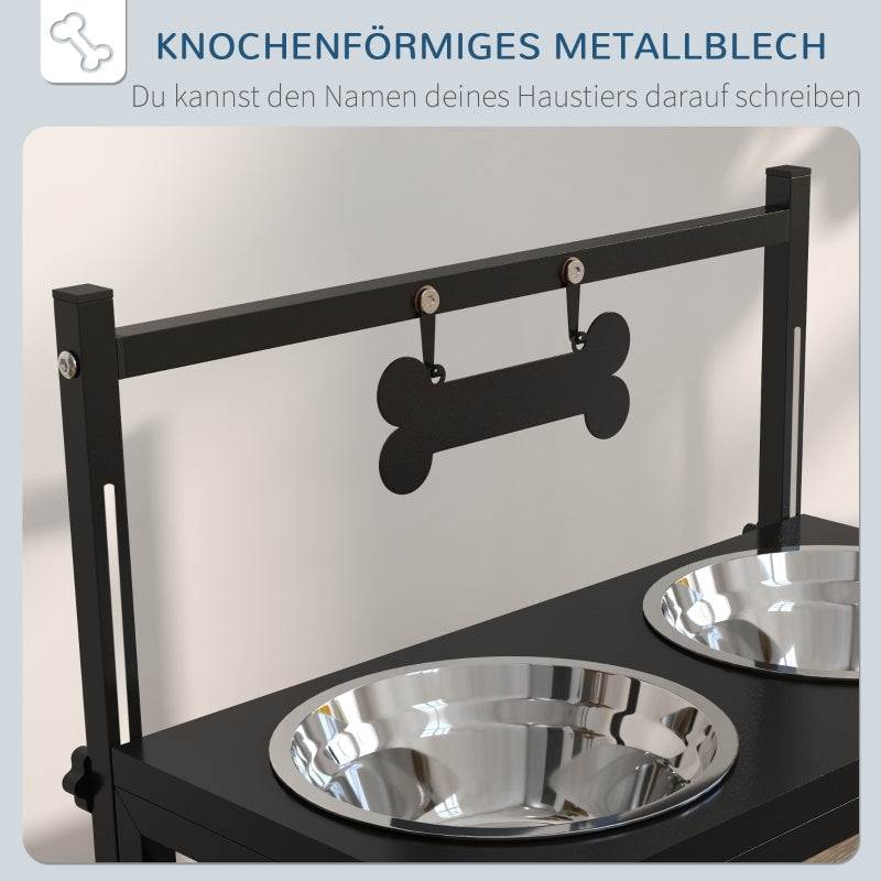 Feeding Station, Raised Bowls, Stainless Steel, Black + Silver