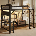 Loft Bed 140x200cm with Desk, LED Light & Shelves, Black Iron