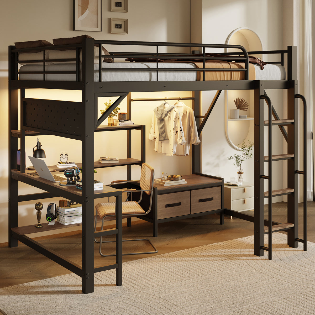 Loft Bed 140x200cm with Desk, LED Light & Shelves, Black Iron