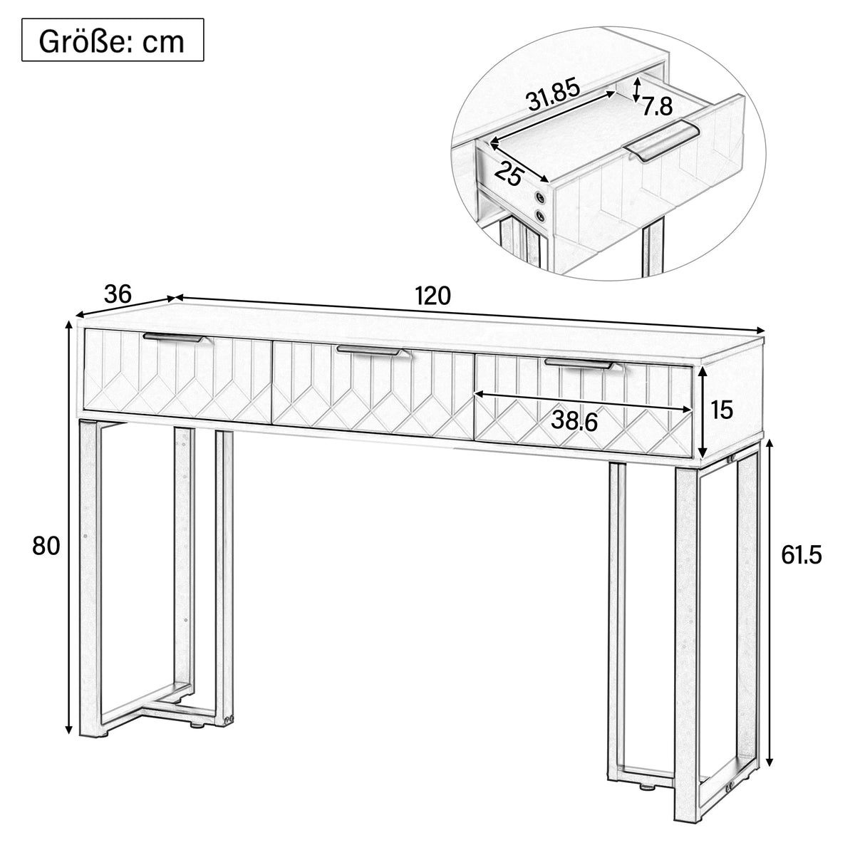Modern Console Table with Drawers, Gold Frame, Adjustable Foot Pads, Elegant Handles (White+Black)