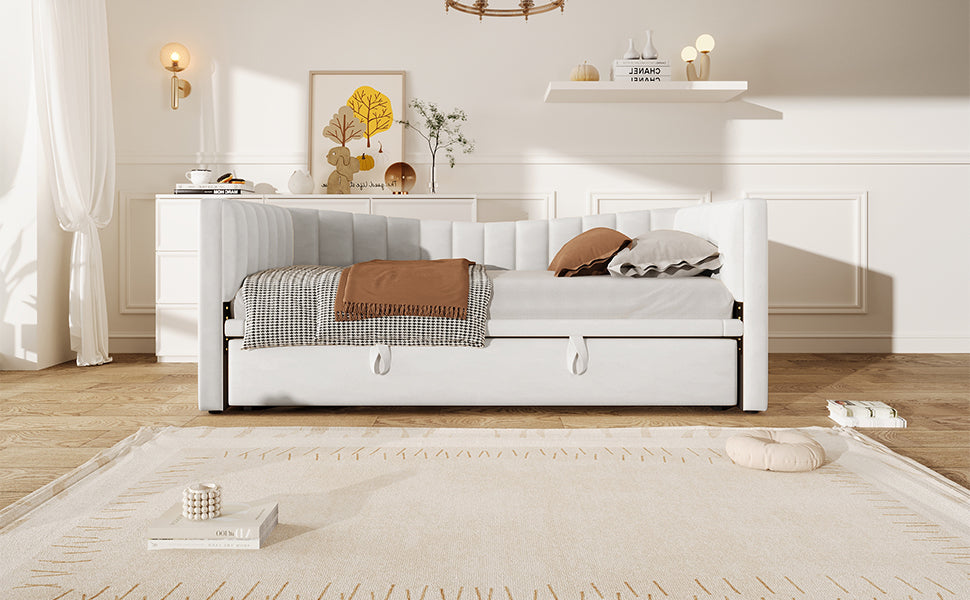 Upholstered Daybed Pull-Out Bed 90x200cm Extendable to 180x200cm Velvet White