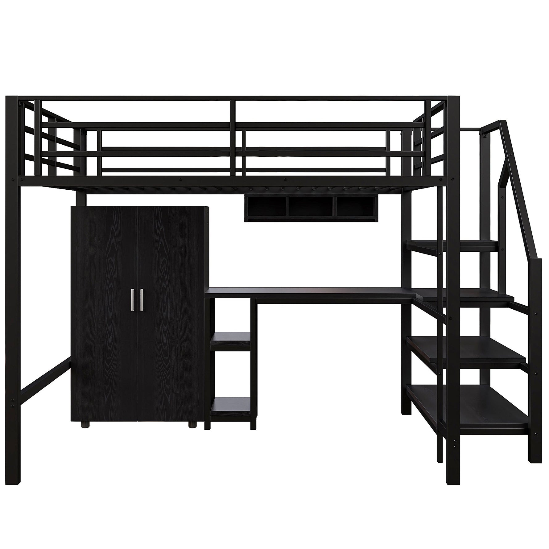 Loft Bed 140x200cm Wardrobe Shelves Storage Ladder Desk, Black