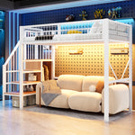 Loft Bed 90x200 cm with Ladder, Storage & LED Light, White Metal