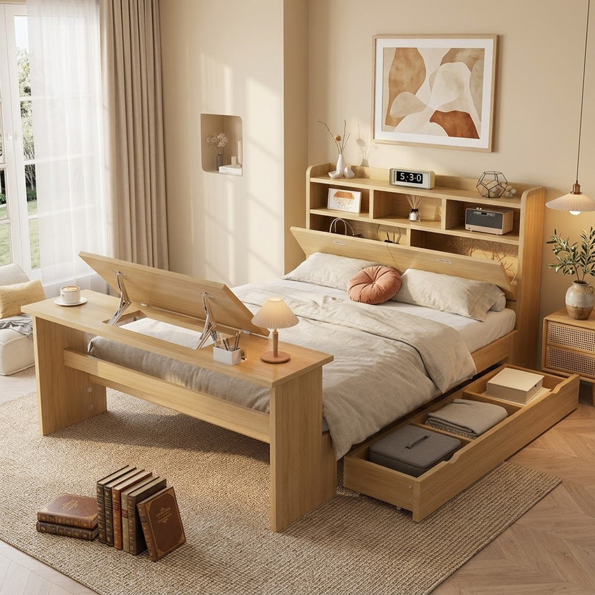 Children's Single Bed 140x200cm with Storage & Table, Natural Wood