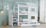 Bunk Bed with Stair Wardrobe, Storage, Window/Roof, 90x200cm, Pine/MDF/Plywood White