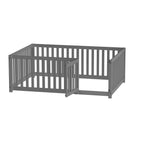 Children's bed 140 x 200, wooden floor bed frame with fence and door, grey