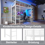 Loft Bed 90x200cm with Desk, Shelves & Drawers, White Iron Frame