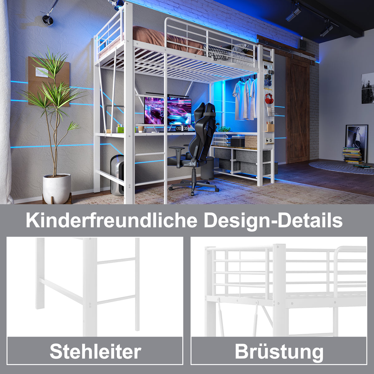 Loft Bed 90x200cm with Desk, Shelves & Drawers, White Iron Frame