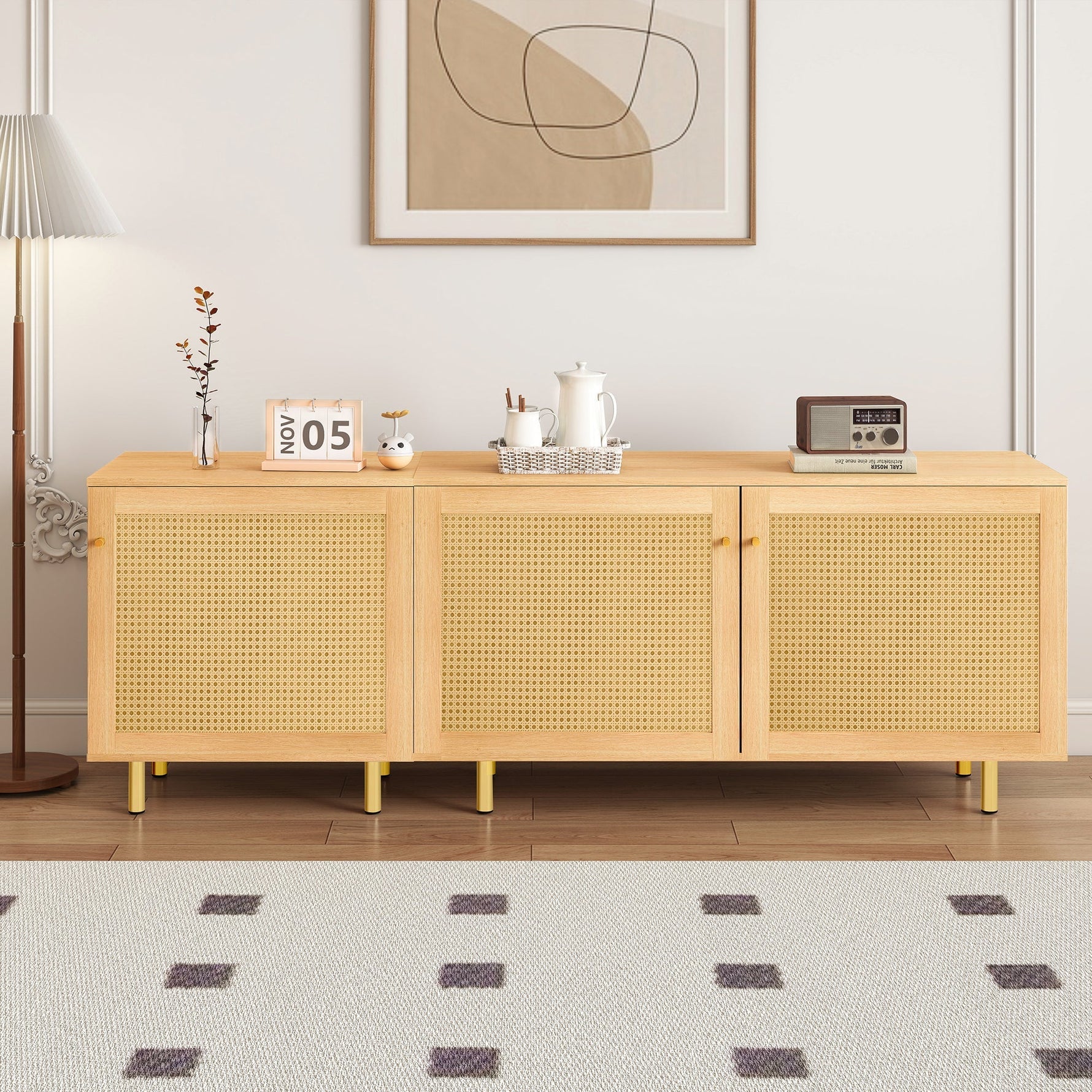 Modular Storage Cabinet Sideboard, 3-Door Rattan Rustic 180cm, Natural Wood Look