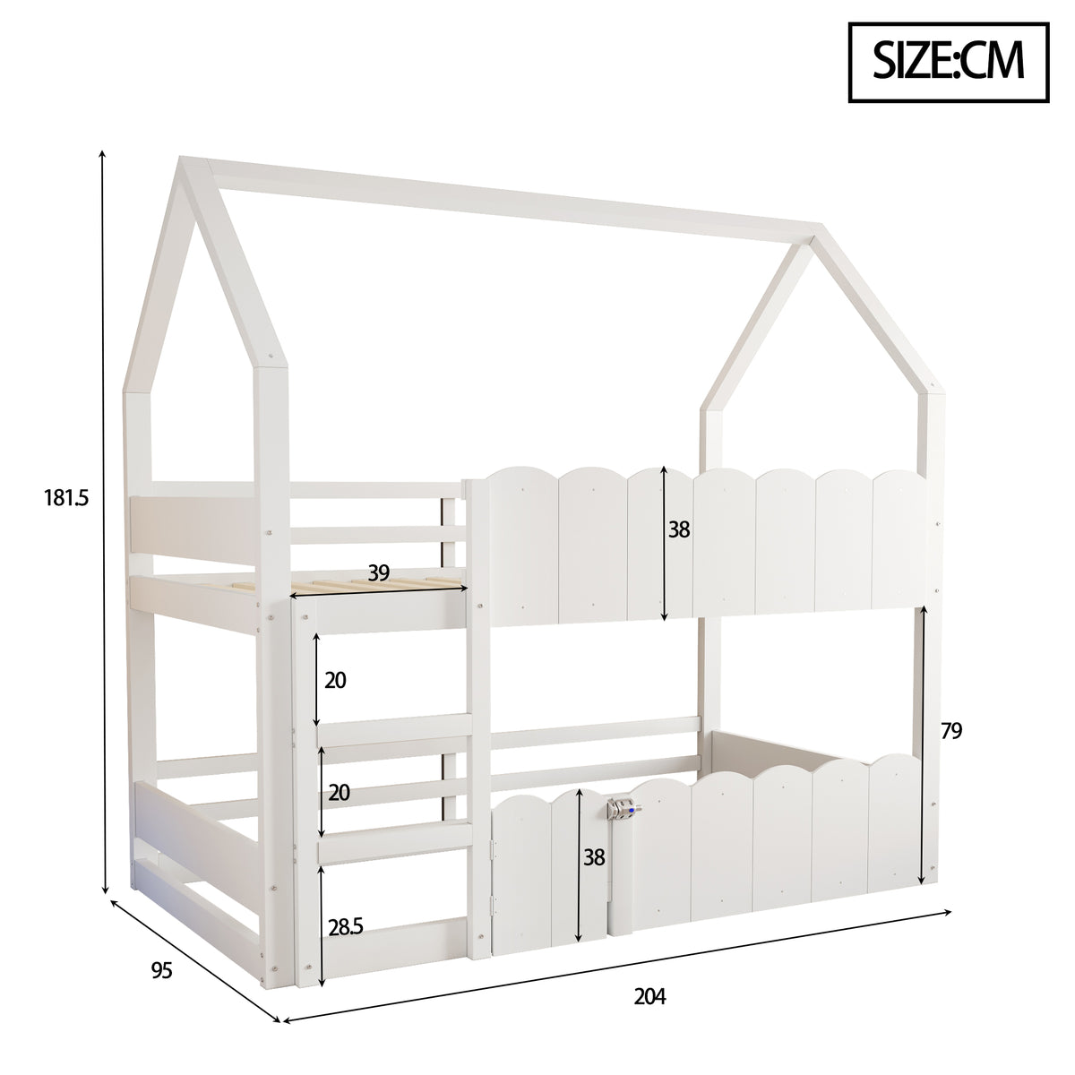 Children's Bunk Bed 90x200cm House Design with Safety Rails - White