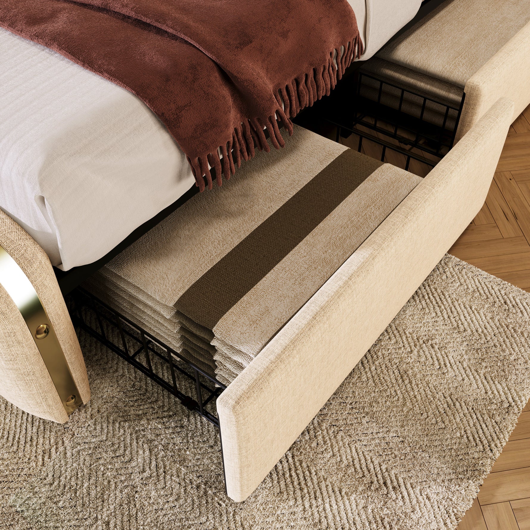 Upholstered Single Bed with USB-C Charging, 4 Drawers, Beige Linen