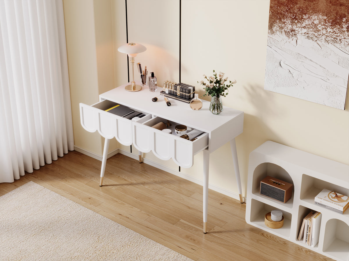 Dressing Vanity Table with 2 Drawers and Metal Legs in White