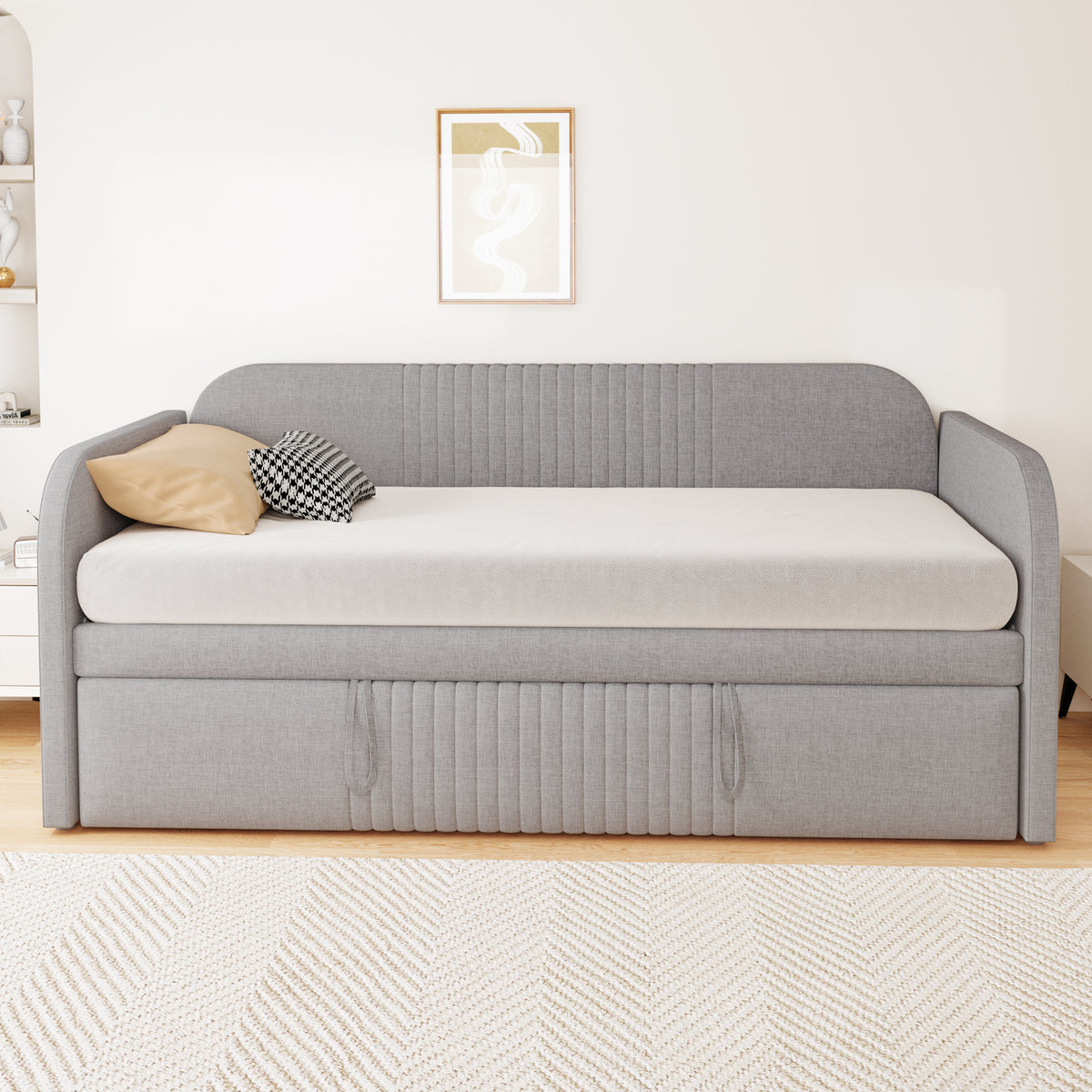 Upholstered Extendable Sofa Bed 90/180x190cm, Light Grey Linen